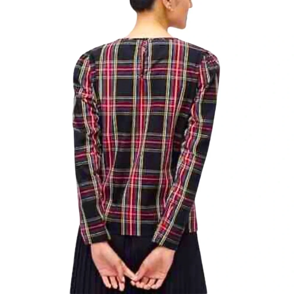 J Crew Women's Christmas Black Tartan Plaid Puff Sleeved Top XS Organic Cotton